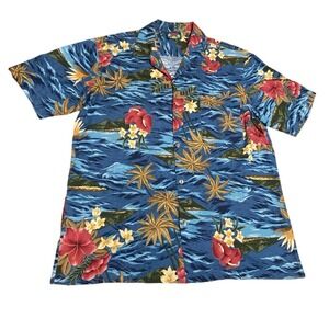 Vintage Men's Hawaiian Floral Button Down Shirt Size Large Hawaii Blues